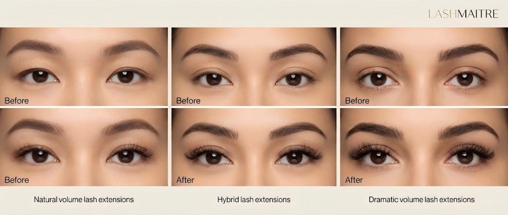 Professional LASHMAITRE comparison photography showing diverse before and after eyelash extension results on multiple eye shapes, highlighting customization capabilities for U.S. salons.