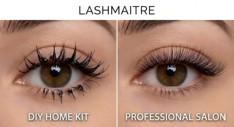 A split-screen comparison photograph by LASHMAITRE showing the messy, clumpy results of a DIY "eyelash extensions at home kit" on the left versus the flawless, isolated application of a "Professional Salon" service on the right.