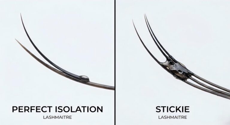 Macro comparison photo showing "Perfect Isolation" on the left and a damaging "Stickie" glue clump on the right, illustrating that poor application technique is the reason why lash extensions damage eyelashes, not the extensions themselves.