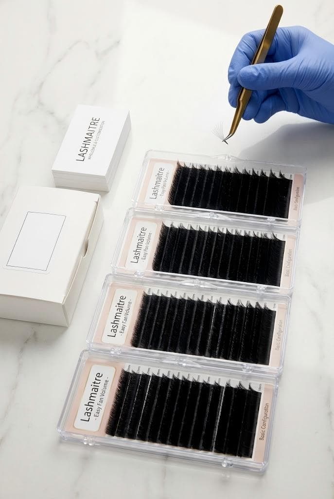 Lashmaitre Easy Fans lashes wholesale basic configuration showing black PBT easy fan volume lash extensions with customizable curls J B C CC D DD L M, thickness 0.03–0.15, and lengths 8–25mm