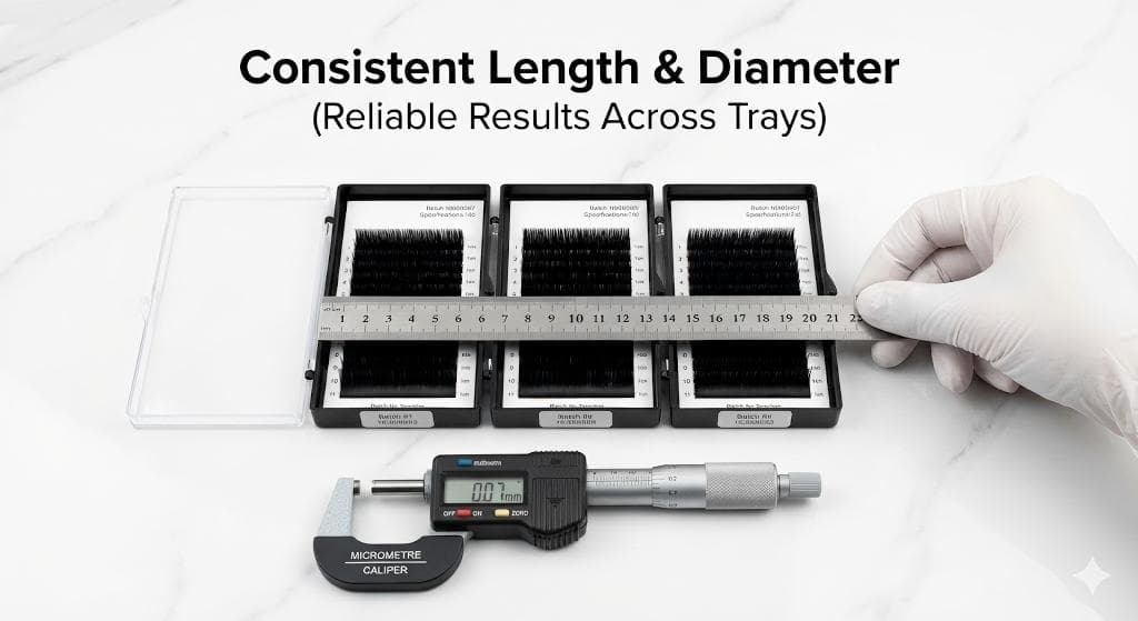 Lashmaitre Easy Fans lashes wholesale showing consistent length and diameter across black PBT easy fan volume lash extensions trays for reliable results