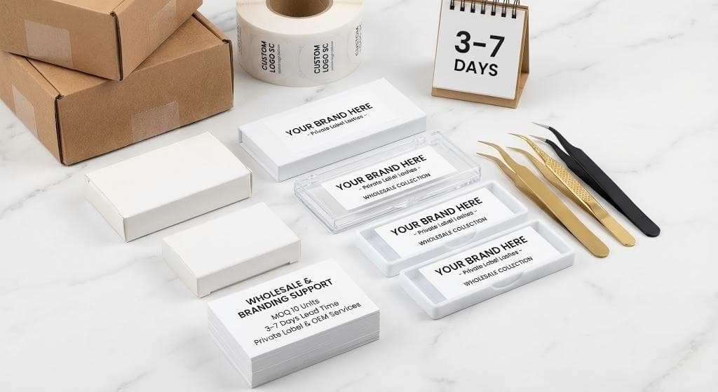 Lashmaitre Easy Fans lashes wholesale with private label OEM packaging showing black PBT easy fan volume lash extensions plus MOQ 10 and 3–7 days lead time