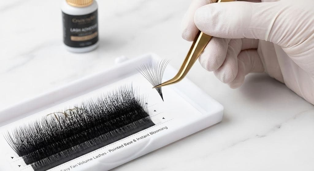 Lashmaitre Easy Fans lashes wholesale featuring soft lightweight black PBT easy fan volume lash extensions for comfortable volume sets