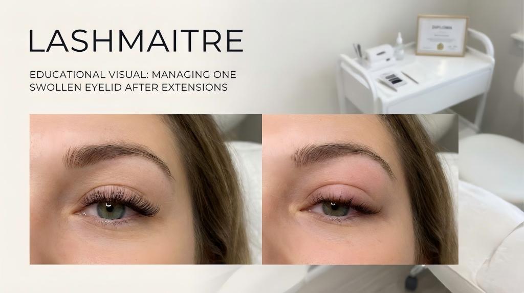 LASHMAITRE educational comparison photo demonstrating a clinical case where only one eyelid is swollen after extensions, alongside a normal eye for contrast in a salon setting.