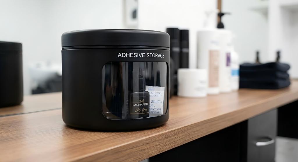 Proper storage setup for LASHMAITRE elite eyelash extension glue, showing the bottle inside a black airtight "Adhesive Storage" container with a silica gel desiccant packet to control humidity.