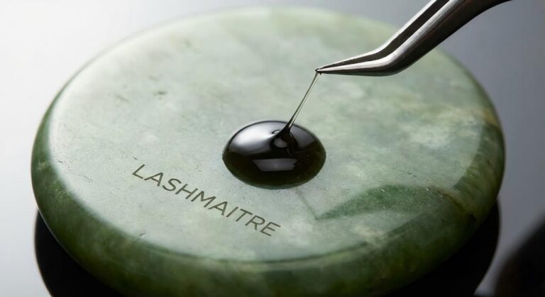 Macro photography of LASHMAITRE elite eyelash extension glue on a jade stone, where tweezers are pulling a very thin string to demonstrate its ultra-low viscosity consistency preferred by advanced technicians.
