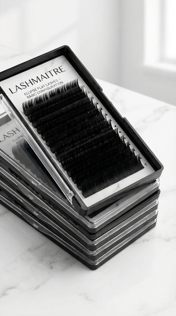 Lashmaitre ellipse flat lashes wholesale basic configuration showing flat lash extensions with customizable curls J B C CC D DD L M, thickness 0.10–0.20, lengths 8–25mm, and MIX trays