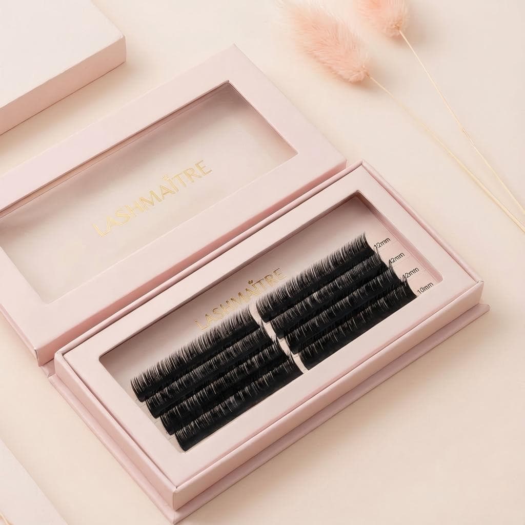Lashmaitre deep black ellipse flat lashes wholesale tray showing black flat lash extensions (ellipse classic lashes) for classic lash extension sets