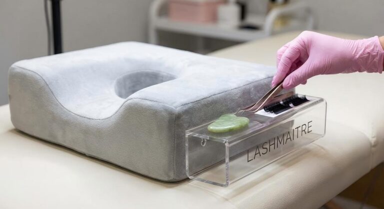 LASHMAITRE ergonomic lash pillow made of grey memory foam with an integrated clear acrylic organizer tray holding a jade stone, lash strips, and tweezers, demonstrating an efficient setup for a lash artist.