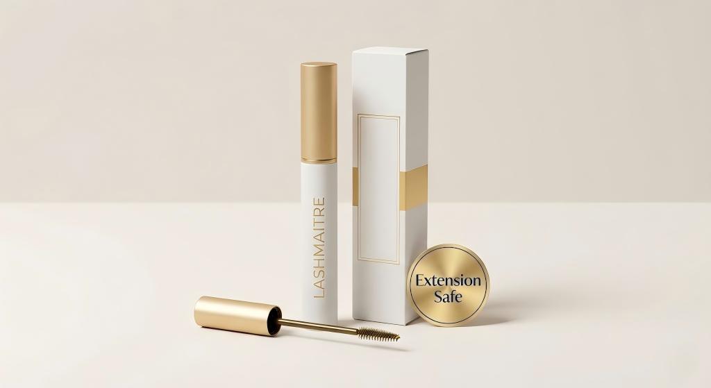 "LASHMAITRE private label oil-free serum bottle with an 'Extension Safe' badge, offering a dedicated retail solution for clients asking can you use latisse with eyelash extensions."