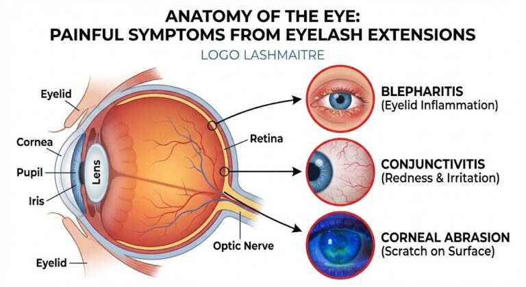 Medical anatomy chart by LASHMAITRE illustrating eye structures and causes of eyelash extension pain when blinking, including corneal abrasions and blepharitis.