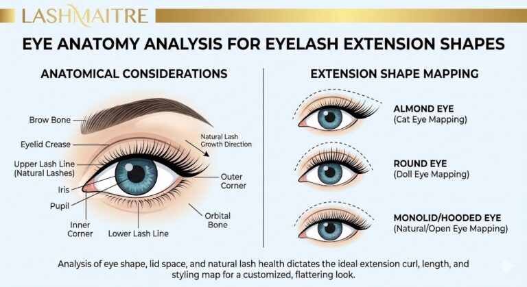 educational diagram analyzing eye anatomy to determine the most flattering eyelash extension shapes, mapping styles like Cat Eye and Doll Eye to specific eye types.
