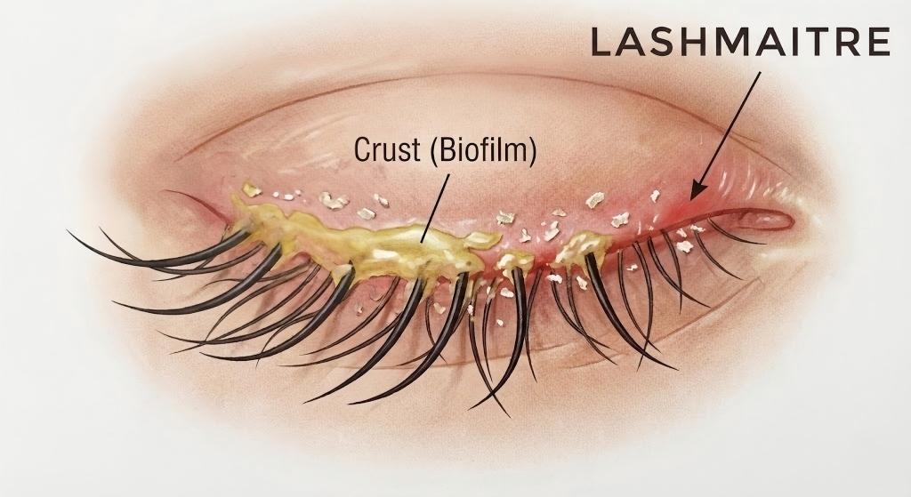 Detailed medical diagram illustrating a common eye infection from eyelash extensions known as Blepharitis, showing yellow biofilm crust and flake buildup along the inflamed eyelid margin.