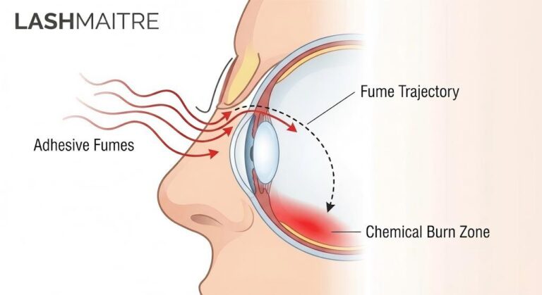 Technical cross-section diagram illustrating the cause of eye irritation from eyelash extensions. Red arrows labeled "Adhesive Fumes" show the trajectory entering a gap in the eyelid, resulting in a red "Chemical Burn Zone" on the lower sclera.