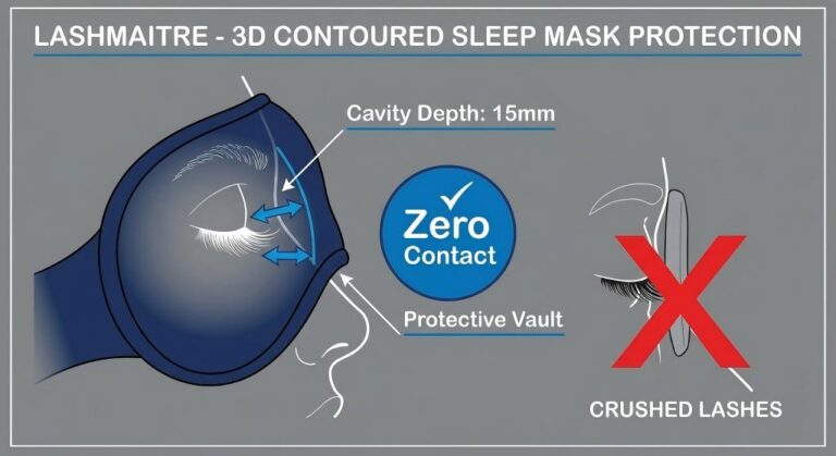 Technical diagram illustrating how the LASHMAITRE 3D contoured eye sleep mask for eyelash extensions provides a 15mm protective vault, ensuring zero contact and preventing crushed lashes compared to flat masks.