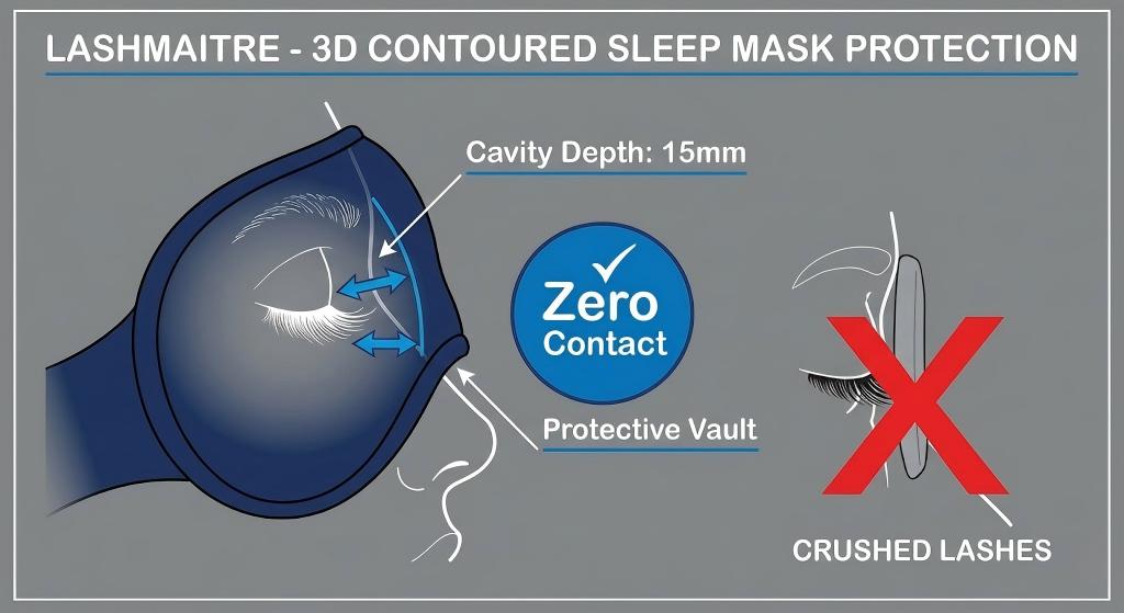 Technical diagram illustrating how the LASHMAITRE 3D contoured eye sleep mask for eyelash extensions provides a 15mm protective vault, ensuring zero contact and preventing crushed lashes compared to flat masks.