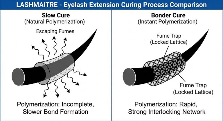 Scientific diagram comparing natural adhesive curing versus the instant polymerization effect of LASHMAITRE eyelash extension bonder, showing how it traps fumes.