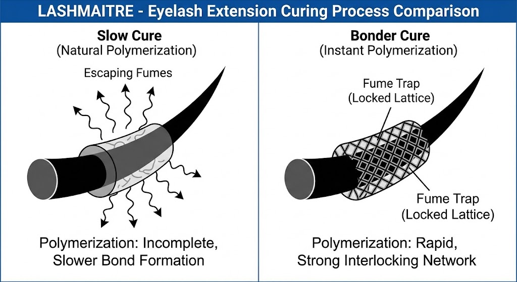Scientific diagram comparing natural adhesive curing versus the instant polymerization effect of LASHMAITRE eyelash extension bonder, showing how it traps fumes.