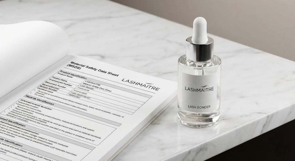 Luxury glass dropper bottle of LASHMAITRE eyelash extension bonder displayed on a white marble surface next to an open MSDS safety data sheet.