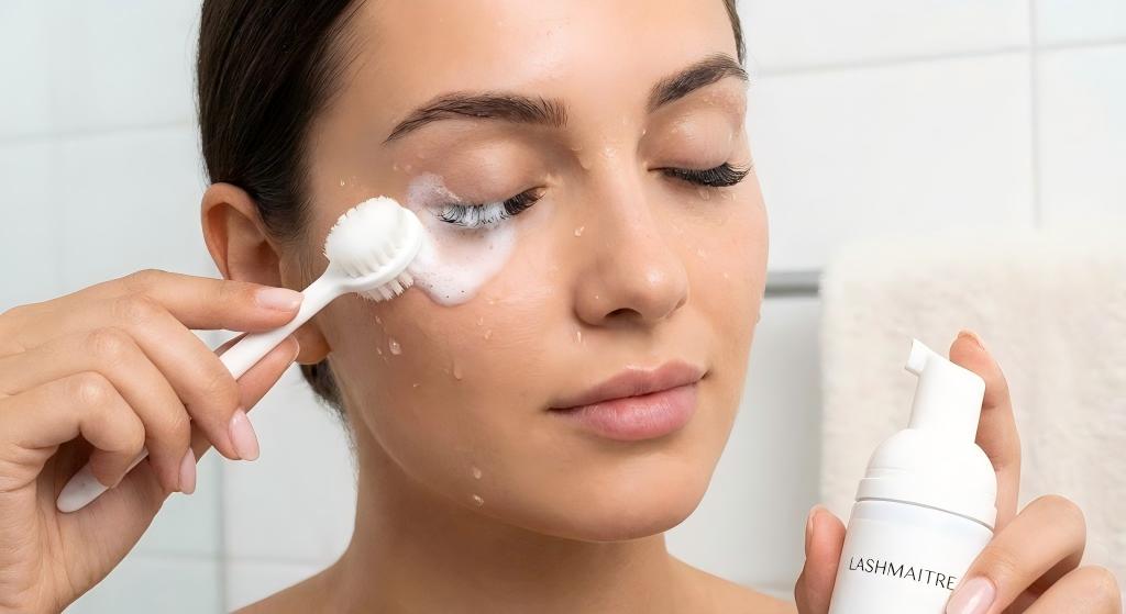 Close-up of a woman using LASHMAITRE foam cleanser and a distinct cleansing brush to wash her eyelash extensions, demonstrating the proper daily hygiene technique to prevent eye infection from eyelash extensions.
