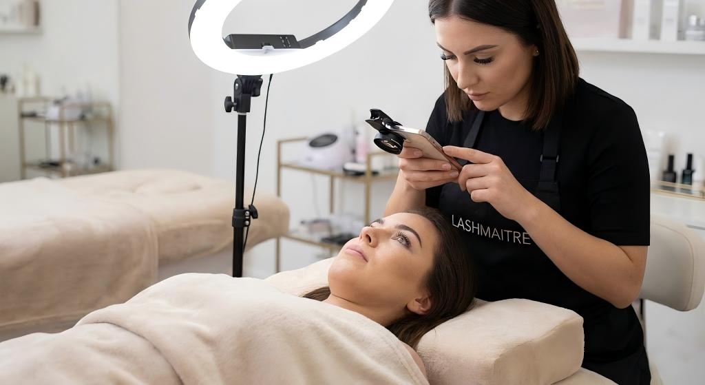 Lash artist taking a high-quality macro photo of a client's eye, authorized by the media release section of the LASHMAITRE eyelash extension consent form.