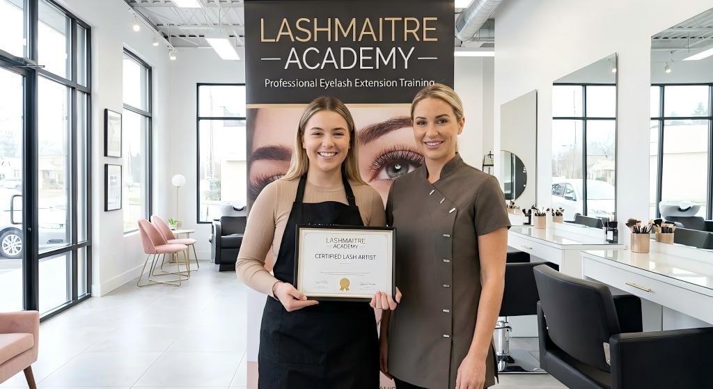 A happy graduate proudly holding her "Certified Lash Artist" certificate alongside a LASHMAITRE trainer at our academy salon, marking the completion of her eyelash extension course in Brisbane.