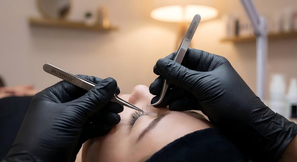 Close-up macro shot of a LASHMAITRE trainer demonstrating precise lash isolation technique using branded tweezers during a practical session of our eyelash extension course Brisbane.