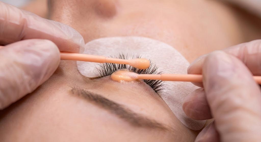 Close-up of a lash artist performing the sandwich method using LASHMAITRE eyelash extension cream remover and micro-swabs to safely dissolve adhesive bonds.