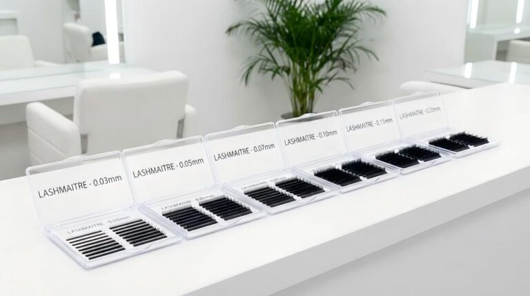LASHMAITRE lash trays clearly labeled with various eyelash extension thickness measurements in mm (0.03, 0.05, 0.15), displayed on a clean salon workstation for professional selection.