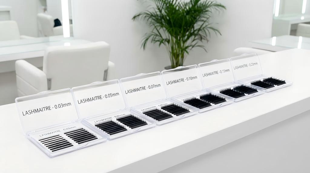LASHMAITRE lash trays clearly labeled with various eyelash extension thickness measurements in mm (0.03, 0.05, 0.15), displayed on a clean salon workstation for professional selection.