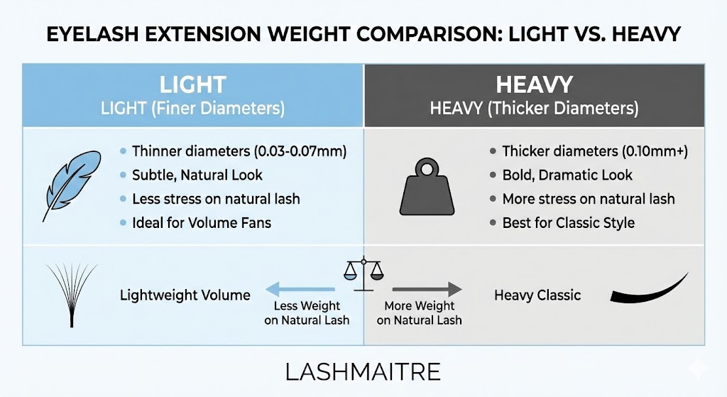 LASHMAITRE infographic comparing the weight of light vs. heavy eyelash extensions. It highlights that lighter, finer diameters are ideal for creating lightweight volume lashes, which put less stress on the natural lash compared to heavier, thicker diameters.