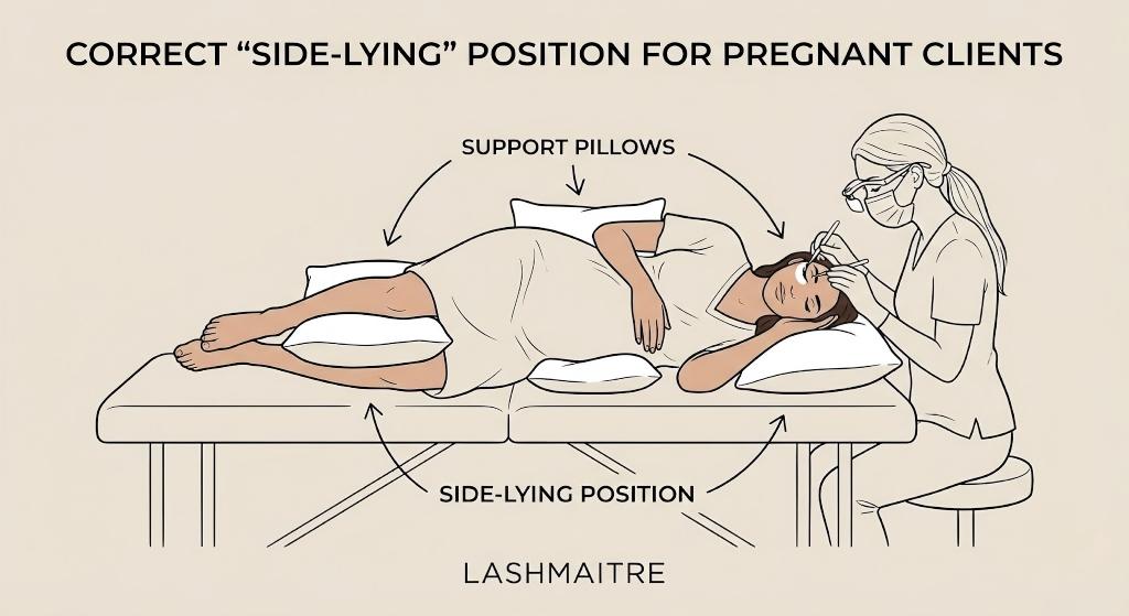 A LASHMAITRE diagram illustrating a lash artist applying eyelash extensions to a pregnant client in the correct "side-lying" position, supported by pillows. The text at the top reads "CORRECT 'SIDE-LYING' POSITION FOR PREGNANT CLIENTS," addressing eyelash extensions and pregnancy comfort.