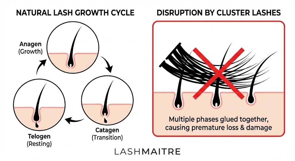 LASHMAITRE educational diagram contrasting the "Natural Lash Growth Cycle" with the "Disruption by Cluster Lashes." It illustrates how cluster lashes, commonly found in an eyelash extensions at home kit, glue multiple natural lashes together across different growth phases, causing premature loss and damage.