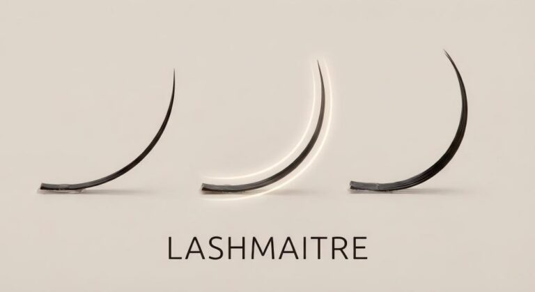 A macro profile comparison by LASHMAITRE showing three individual eyelash extensions: J Curl, C Curl, and D Curl. The central C Curl is glowing to highlight the "Universal Lift" effect of eyelash extensions c curl.