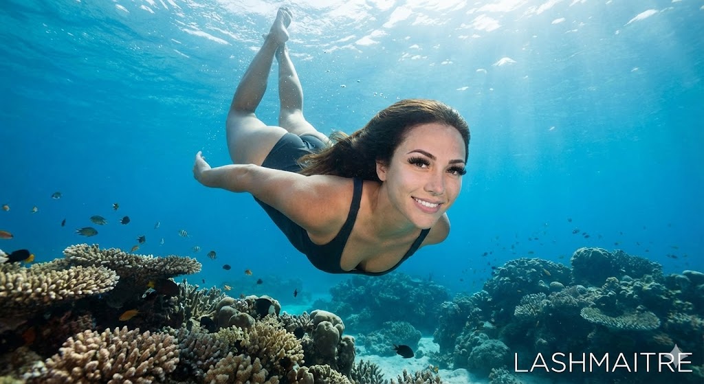 An underwater photograph of a woman smiling while swimming in the ocean, wearing LASHMAITRE eyelash extensions that remain perfectly intact, visually answering the question "eyelash extensions can you swim?".