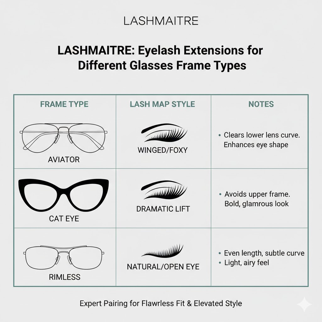 A LASHMAITRE chart displaying various glasses frame types (Aviator, Cat Eye, Rimless) and their corresponding ideal eyelash extension lash map styles for optimal fit and aesthetic.