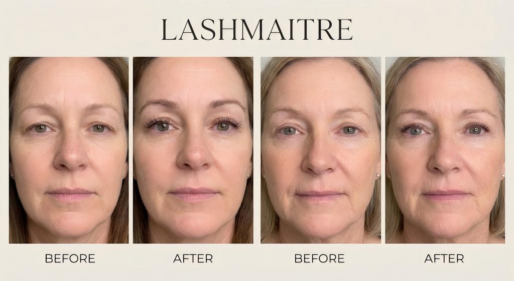 A four-panel collage by LASHMAITRE showing "before" and "after" photos of two mature women, demonstrating the rejuvenating and lifting effect of natural-looking eyelash extensions for older ladies.