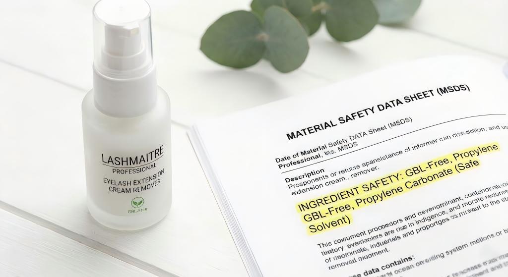 LASHMAITRE professional eyelash extension cream remover bottle displayed next to an MSDS safety sheet highlighting GBL-free formula and Propylene Carbonate ingredients.