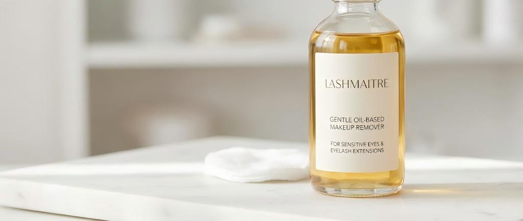 Close-up of LASHMAITRE Gentle Oil-Based Makeup Remover in a clear glass bottle, a specialized product labeled for sensitive eyes and as one of the safe oil-based makeup removers for eyelash extensions.