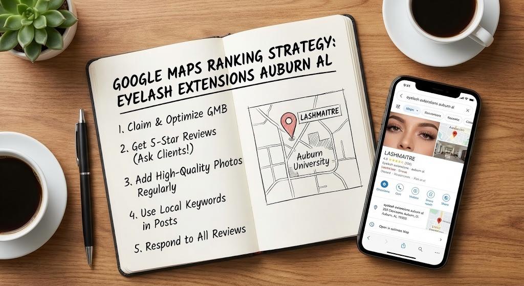 A flat lay photograph showing a notebook outlining a "Google Maps Ranking Strategy" for LASHMAITRE in Auburn, AL, near Auburn University, alongside a phone displaying their local listing. The strategy helps connect students with offers like auburn university student discount lashes.