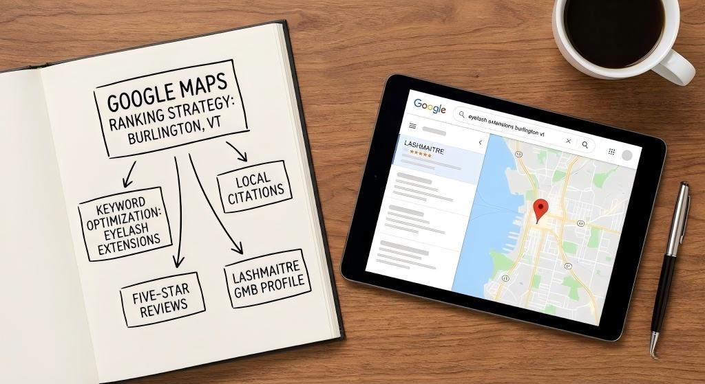 A flat-lay photograph featuring a "Google Maps Ranking Strategy" notebook and a tablet displaying LASHMAITRE's top search location, illustrating how the salon attracts clients searching for a UVM student lash discount in Burlington, VT.