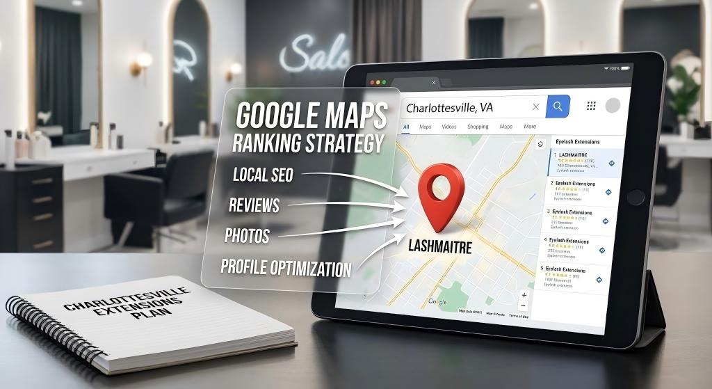 A digital marketing illustration featuring a tablet showing LASHMAITRE's Google Maps ranking strategy, designed to secure the top spot for high-value search terms like wedding lashes Charlottesville VA through Local SEO and profile optimization.