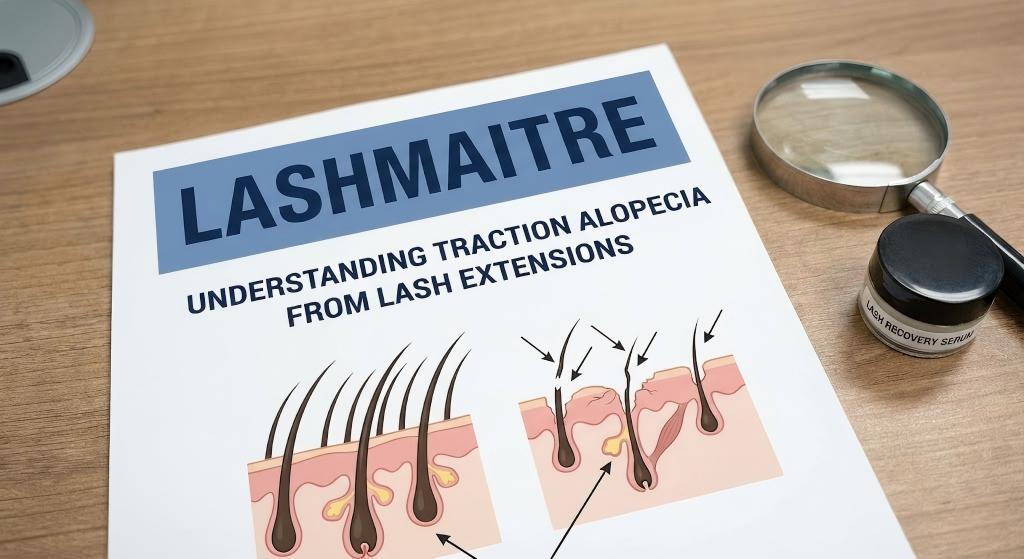 LASHMAITRE educational chart displaying a grading scale for eyelashes damaged after extensions, ranging from healthy to severe breakage.