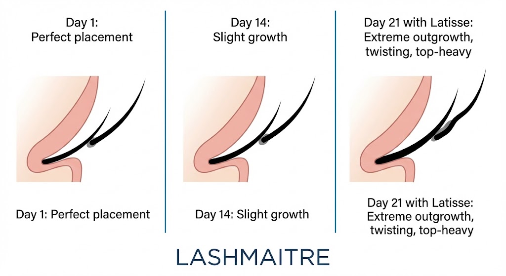 "Technical growth cycle diagram by LASHMAITRE showing accelerated outgrowth and twisting over 21 days, illustrating the maintenance impact when asking 'can you use latisse with eyelash extensions'."