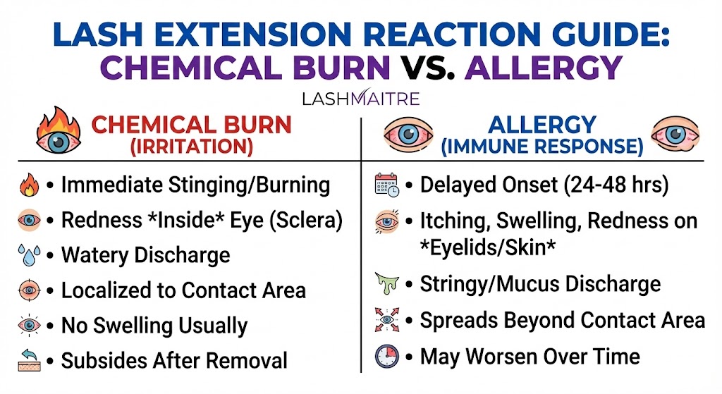 LASHMAITRE infographic chart comparing the symptoms of a chemical burn versus an eyelash extension allergic reaction, detailing differences in onset time, location of redness, and type of discharge.