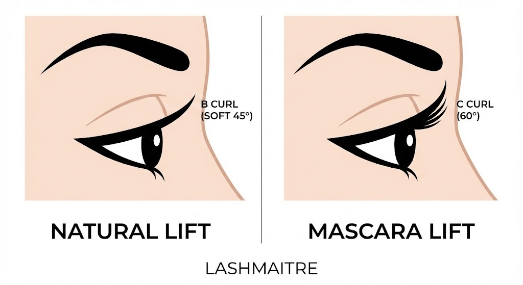 Side-profile vector diagram comparing "B Curl (Natural Lift)" versus "C Curl (Mascara Lift)" on a woman's eye. This educational guide by LASHMAITRE helps users select the appropriate curl for achieving their desired look with classic natural eyelash extensions.