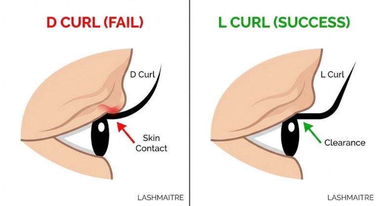 Educational diagram comparing different curl eyelash extensions on a hooded eye. The left panel shows a standard D Curl causing "Skin Contact" (Fail), while the right panel shows an L Curl achieving proper "Clearance" (Success), demonstrating the correct choice for this eye shape.