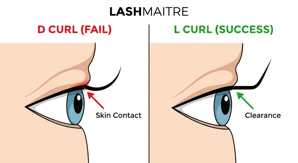 Educational diagram comparing different curls of eyelash extensions on a hooded eye. The left panel shows a D Curl causing "Skin Contact" (Fail), while the right panel shows an L Curl achieving proper "Clearance" (Success).
