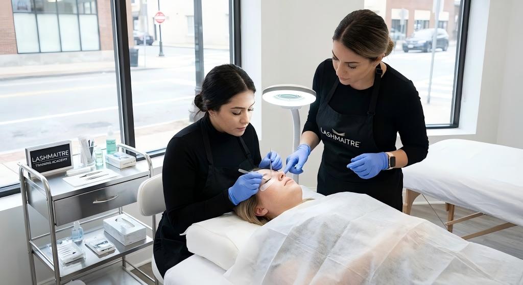 LASHMAITRE instructor guiding a student's hand during practical eyelash extension classes RI on a live model in a clean Providence salon setting.