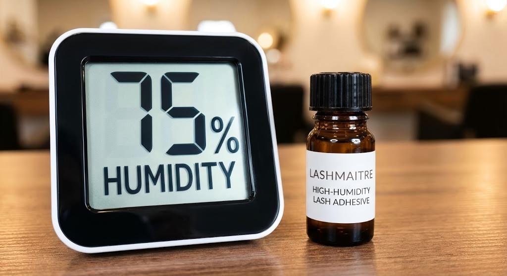 A close-up photograph of a digital hygrometer reading "75% Humidity" next to a bottle of LASHMAITRE High-Humidity Lash Adhesive, illustrating the specialized products used by the best lash salon in Tyler to ensure quality.